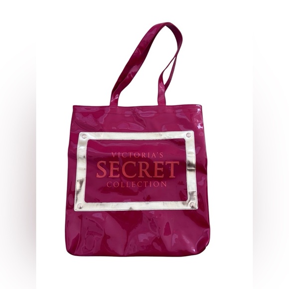 Victoria Secrets Vinyl Tote Bag Hot Pink w/Gold Trim Animal Print Lining - Picture 6 of 6
